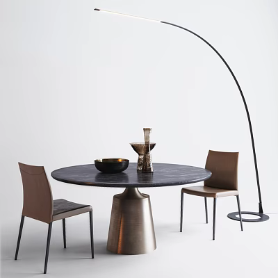 Round Dark Dining Table Set Featuring Brown Chairs Arched Floor Lamp And Decorative Vase Bowl 3d model