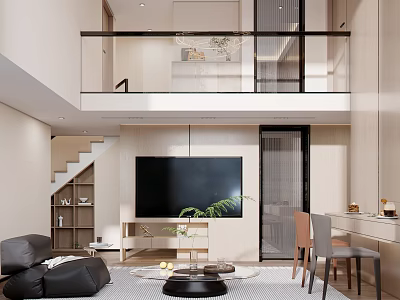 Modern Minimalist Loft Living Room Design With TV Staircase And Sofa 3d model