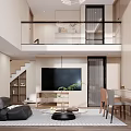 Modern Minimalist Loft Living Room Design With TV Staircase And Sofa