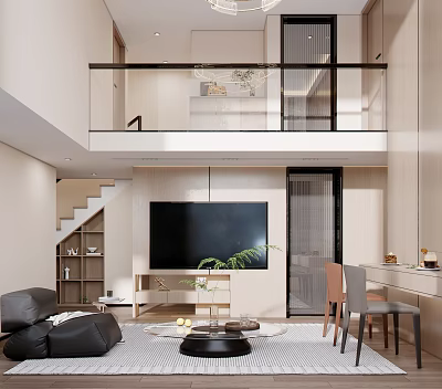 Modern Minimalist Loft Living Room Design With TV Staircase And Sofa 3d model