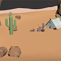 Cartoon Desert Scene With Cactus Tent Cowboy Figure Rocks Small Plants And Sandy Ground