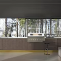Modern Kitchen Interior With Large Windows Overlooking Trees Marble Countertop And Cabinets 3d model