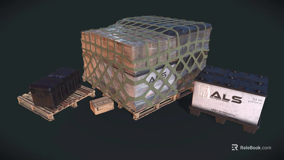 Large Cargo Box With Net Cover And ALS Labeled Packages On Pallets 3d model 