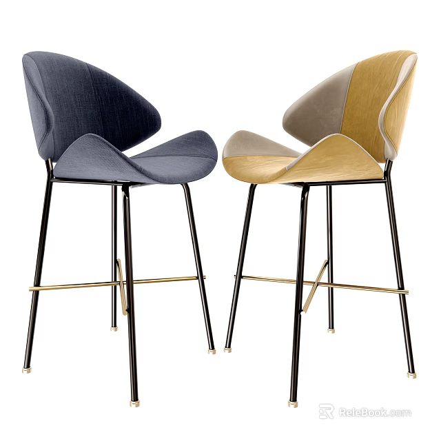 Modern Stylish Bar Stools With Blue Yellow Gray Fabric And Metal Frame 3d model 