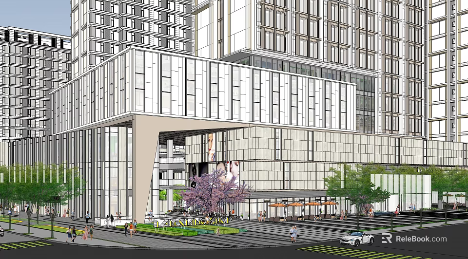 Modern Commercial Complex Featuring Glass Curtain Wall High Rise Greenery Pedestrians And Vehicles 3d model 