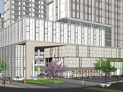 Modern Commercial Complex Featuring Glass Curtain Wall High Rise Greenery Pedestrians And Vehicles 3d model