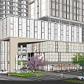 Modern Commercial Complex Featuring Glass Curtain Wall High Rise Greenery Pedestrians And Vehicles