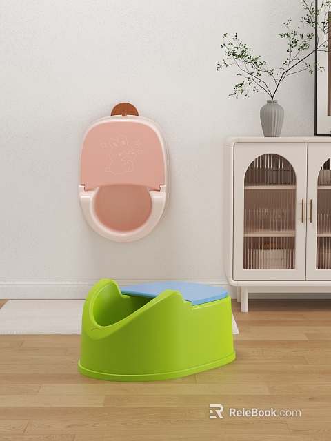 Pink Children's Urinal Wall Mounted In Room With Green Potty Seat White Cabinet And Vase 3d model 