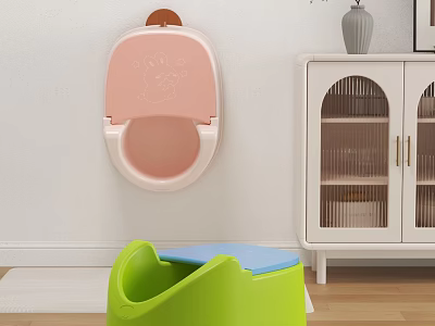 Pink Children's Urinal Wall Mounted In Room With Green Potty Seat White Cabinet And Vase 3d model