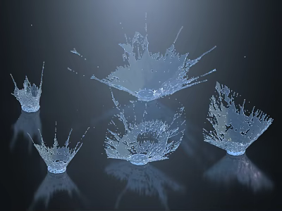 Multiple Transparent Water Splash Structures With Reflective Surfaces On Dark Background 3d model