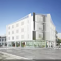 Modern Multi Storey Commercial Complex With Glass Facade Urban Street Evening Lighting And Wet Pavement
