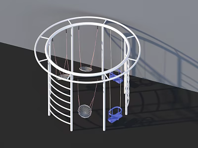 Circular White Metal Playground Equipment With Blue Seats Spherical Swing And Ladder Structure 3d model