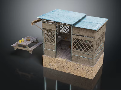 Small Wooden Cabin Featuring Blue Roof Lattice Windows Stone Base Wooden Bench with Yellow Items 3d model