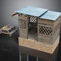 Small Wooden Cabin Featuring Blue Roof Lattice Windows Stone Base Wooden Bench with Yellow Items