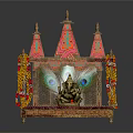 Handcrafted Traditional Shrine Cabinet with Ornate Spire Tops Pink Gold Decor Peacock Background Deity Statue