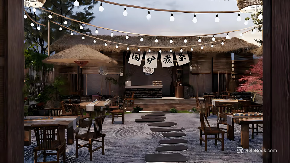 Japanese Style Teahouse With String Lights Thatched Roof Stone Path And Wooden Tables 3d model 