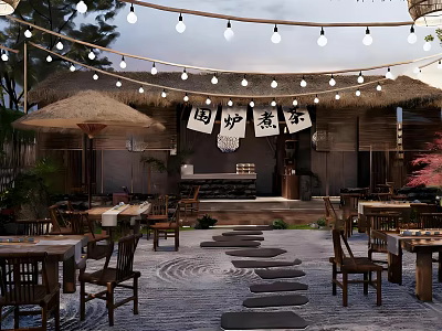 Japanese Style Teahouse With String Lights Thatched Roof Stone Path And Wooden Tables 3d model