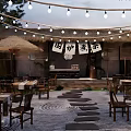 Japanese Style Teahouse With String Lights Thatched Roof Stone Path And Wooden Tables
