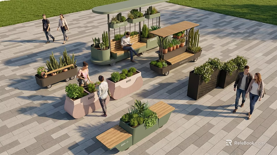 Outdoor Public Space With Colorful Flower Planters Benches And Walking People 3d model 