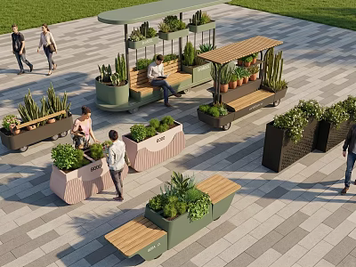 Outdoor Public Space With Colorful Flower Planters Benches And Walking People 3d model