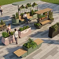 Outdoor Public Space With Colorful Flower Planters Benches And Walking People