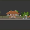 Cartoon Scene With Orange Buildings Green Grass Trees Paths And Street Lamps