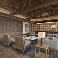 Hotel Public Lounge Area With Wooden Ceiling Columns Bookshelves Sofas Coffee Tables And Wooden Flooring