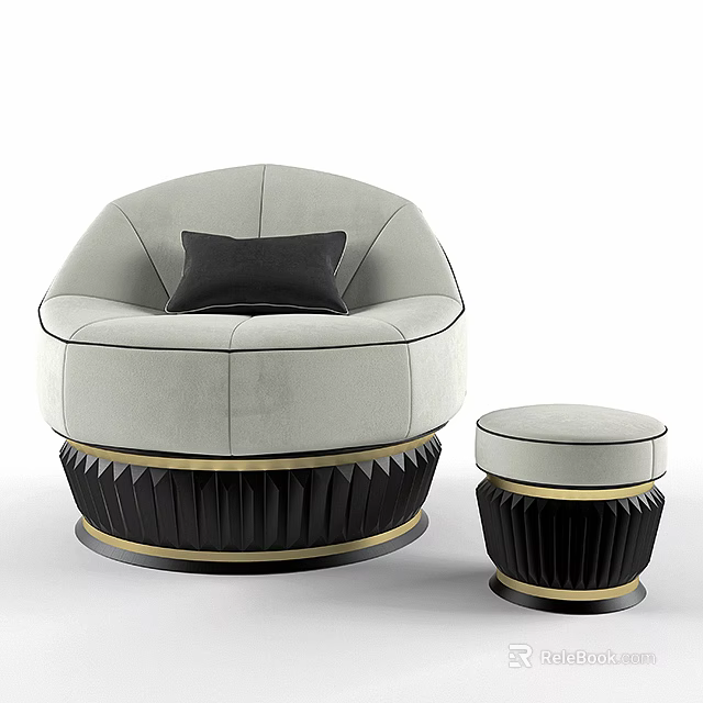 Light Gray Velvet Single Seater Sofa With Black Cushion And Matching Ottoman 3d model 