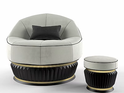 Light Gray Velvet Single Seater Sofa With Black Cushion And Matching Ottoman 3d model