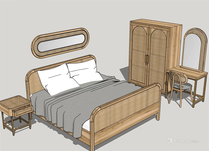 Simple Wooden Double Bed with Nightstand Wardrobe Dressing Table and Mirror 3d model 