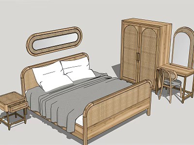 Simple Wooden Double Bed with Nightstand Wardrobe Dressing Table and Mirror 3d model