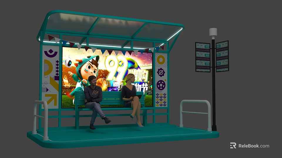 Turquoise Bus Stop Art Installation With People Sitting On Bench Large Screen Lights 2024 Cartoon 3d model 