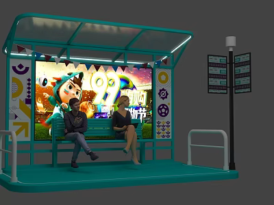 Turquoise Bus Stop Art Installation With People Sitting On Bench Large Screen Lights 2024 Cartoon 3d model