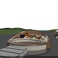 Floating Water Resting Area With Curved Sofa Colorful Cushions And Stepping Stones