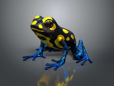 Colorful Reptile With Yellow Black Spots And Blue Legs On Gray Reflective Surface 3d model