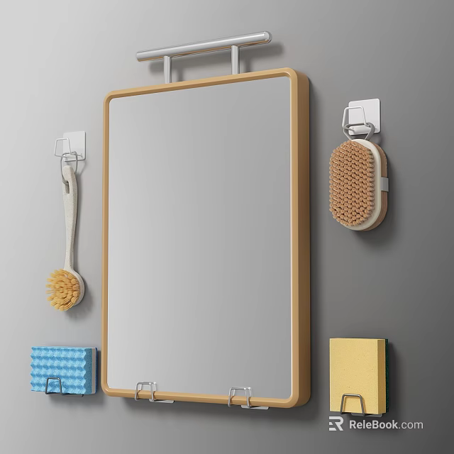 Wooden Wall Mounted Kitchen Utensils Rack With Brushes Mirror And Storage Boxes 3d model