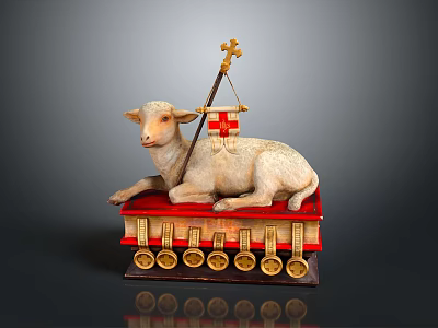 Lamb Sculpture Adorned with Cross Flag on Red Cushion and Stacked Books with Golden Medallions 3d model