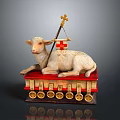 Lamb Sculpture Adorned with Cross Flag on Red Cushion and Stacked Books with Golden Medallions