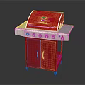 Red Outdoor Grill With Stainless Steel Countertop Cabinet And Rolling Wheels