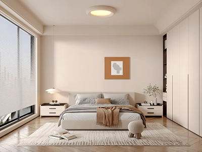 Modern Bedroom Interior With Comfortable Bed Nightstands Wardrobe Area Rug And Wall Artwork 3d model