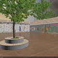 Modern Landscape Wall Featuring Colorful Patterns With Trees Circular Planter and Paved Outdoor Floor