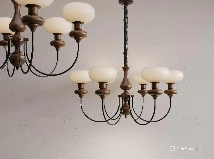 Vintage Design Chandelier With Wooden Bases White Glass Shades And Black Metal Frame 3d model 