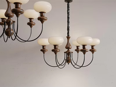 Vintage Design Chandelier With Wooden Bases White Glass Shades And Black Metal Frame 3d model