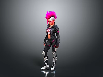 Character With Pink Mohawk Black Leather Jacket Number 17 Mechanical Armor And White Boots 3d model