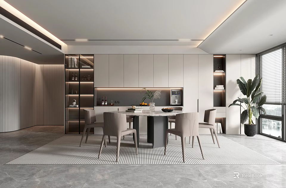 Modern Restaurant Interior With Round Dining Table Chairs White Cabinets And Plant 3d model 