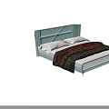 Modern Double Bed With Light Blue Upholstered Headboard Geometric Stitching Colorful Bedspread Gold Metal Legs