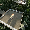 Rooftop Terrace With Wooden Deck Fire Pit Lounge Chairs And Green Trees