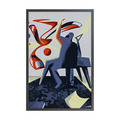Dynamic Abstract Painting With Seated Figure Red Blue Curved Lines And Geometric Patterns 3d model