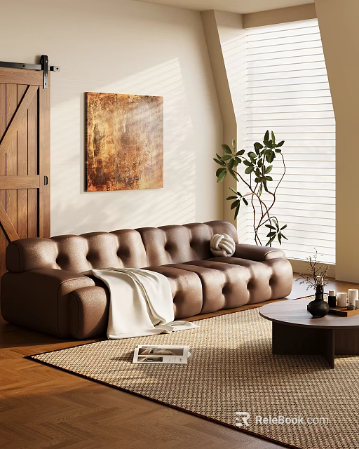 Modern Brown Leather Sectional Sofa With White Throw Blanket Coffee Table And Green Plant 3d model 