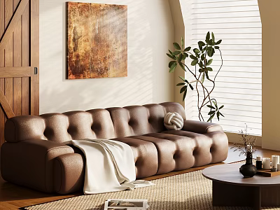 Modern Brown Leather Sectional Sofa With White Throw Blanket Coffee Table And Green Plant 3d model